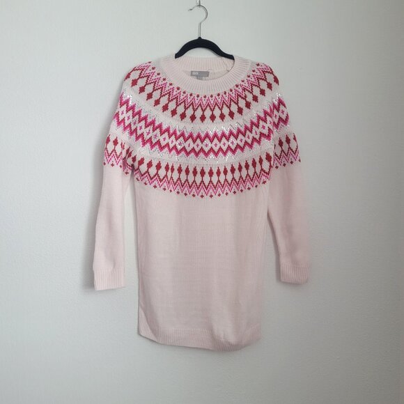 ASOS NWT Oversized Crew Neck Fair Isle Knit Sweater Dress Sz 4 Pink Red Sequin - Picture 2 of 5